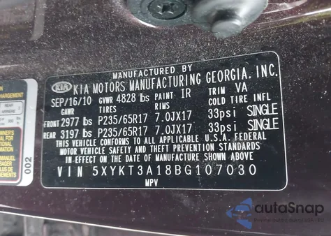 2011 Kia Sorento Lx from USA, damaged, VIN 5XYKT3A18BG107030